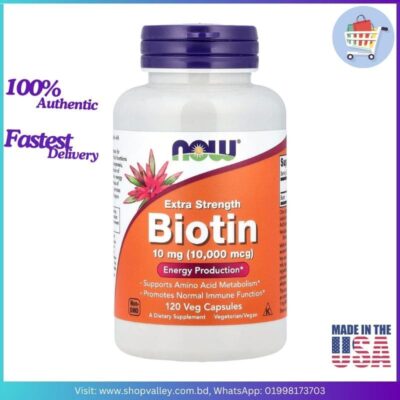 NOW Foods Biotin 10 mg Extra Strength for Hair Skin Nails – 120 Veg Capsules