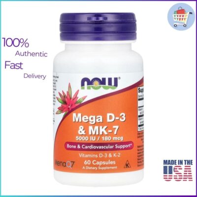 NOW Foods Mega D3 & MK7 5,000 IU 180 mcg 60 Capsules – Bone and Heart Health Supplement