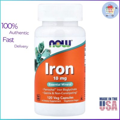 NOW Foods Iron 18 mg 120 Veg Capsules bottle | Gentle iron bisglycinate supplement