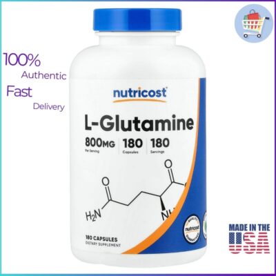Nutricost L-Glutamine 800mg 180 capsules bottle – muscle & gut health supplement