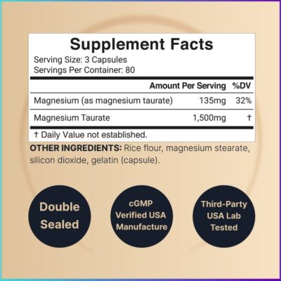 NatureBell Magnesium Taurate 1500mg 240 Capsules, Supplement facts